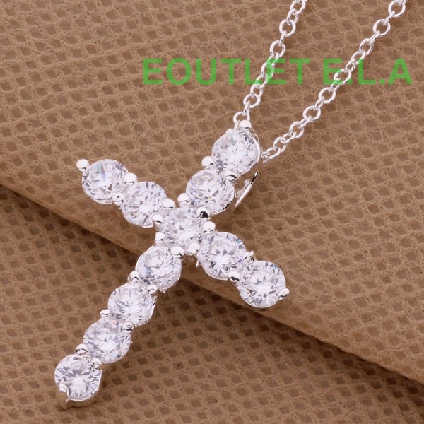 30x23mm SPARKLING CZ CROSS SILVER NECKLACE-46cm